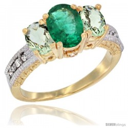 14k Yellow Gold Ladies Oval Natural Emerald 3-Stone Ring with Green Amethyst Sides Diamond Accent