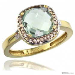 14k Yellow Gold Diamond Green-Amethyst Ring 2.08 ct Checkerboard Cushion 8mm Stone 1/2.08 in wide