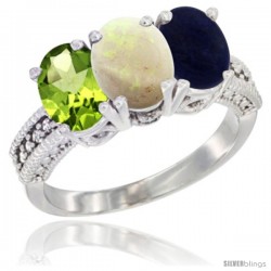 14K White Gold Natural Peridot, Opal & Lapis Ring 3-Stone Oval 7x5 mm Diamond Accent