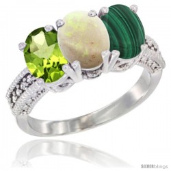 14K White Gold Natural Peridot, Opal & Malachite Ring 3-Stone Oval 7x5 mm Diamond Accent