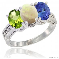 14K White Gold Natural Peridot, Opal & Tanzanite Ring 3-Stone Oval 7x5 mm Diamond Accent