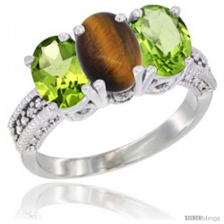 14K White Gold Natural Tiger Eye & Peridot Sides Ring 3-Stone Oval 7x5 mm Diamond Accent