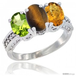 14K White Gold Natural Peridot, Tiger Eye & Whisky Quartz Ring 3-Stone Oval 7x5 mm Diamond Accent