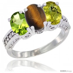 14K White Gold Natural Peridot, Tiger Eye & Lemon Quartz Ring 3-Stone Oval 7x5 mm Diamond Accent