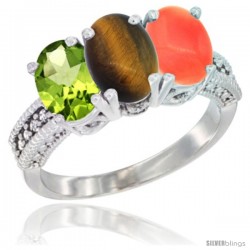 14K White Gold Natural Peridot, Tiger Eye & Coral Ring 3-Stone Oval 7x5 mm Diamond Accent