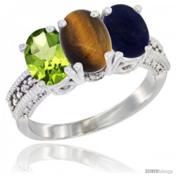 14K White Gold Natural Peridot, Tiger Eye & Lapis Ring 3-Stone Oval 7x5 mm Diamond Accent