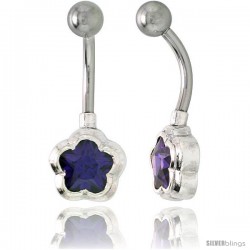 Flower Belly Button Ring with Amethyst Cubic Zirconia on Sterling Silver Setting -Style Ssc47