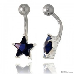 Star Belly Button Ring with Blue Sapphire Cubic Zirconia on Sterling Silver Setting