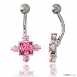 Fancy Star Belly Button Ring with Pink Cubic Zirconia on Sterling Silver Setting