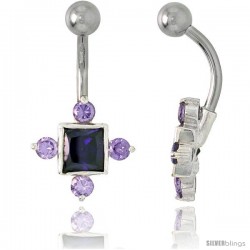 Fancy Star Belly Button Ring with Amethyst Cubic Zirconia on Sterling Silver Setting
