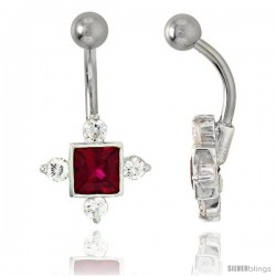 Fancy Star Belly Button Ring with Ruby Red Cubic Zirconia on Sterling Silver Setting