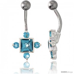 Fancy Star Belly Button Ring with Blue Topaz Cubic Zirconia on Sterling Silver Setting