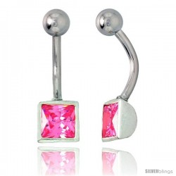 Belly Button Ring with Pink Princess Cut Cubic Zirconia on Sterling Silver Setting