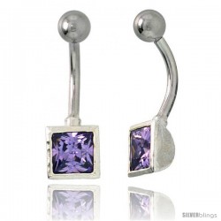 Belly Button Ring with Amethyst Princess Cut Cubic Zirconia on Sterling Silver Setting