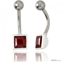 Belly Button Ring with Ruby Red Princess Cut Cubic Zirconia on Sterling Silver Setting