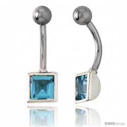 Belly Button Ring with Blue Topaz Princess Cut Cubic Zirconia on Sterling Silver Setting