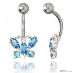 Butterfly Belly Button Ring with Blue Topaz Cubic Zirconia on Sterling Silver Setting