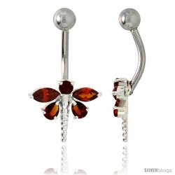 Dragonfly Belly Button Ring with Red Cubic Zirconia on Sterling Silver Setting