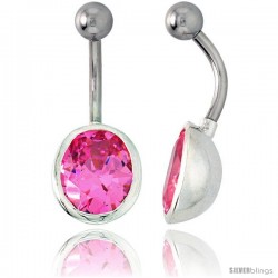 Large Oval Belly Button Ring with Pink Cubic Zirconia on Sterling Silver Setting