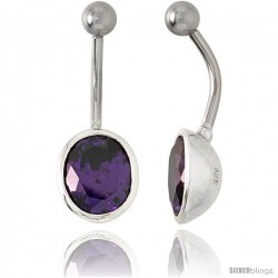 Large Oval Belly Button Ring with Amethyst Cubic Zirconia on Sterling Silver Setting