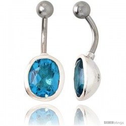 Large Oval Belly Button Ring with Blue Topaz Cubic Zirconia on Sterling Silver Setting