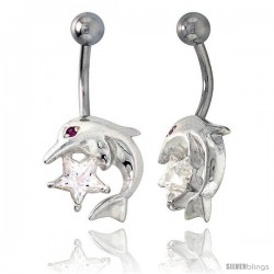 Dolphins Belly Button Ring with Clear Cubic Zirconia on Sterling Silver Setting