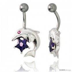 Dolphins Belly Button Ring with Amethyst Cubic Zirconia on Sterling Silver Setting