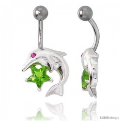 Dolphins Belly Button Ring with Emerald Cubic Zirconia on Sterling Silver Setting