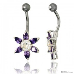 Sunflower Belly Button Ring with Amethyst Cubic Zirconia on Sterling Silver Setting -Style Ssc81