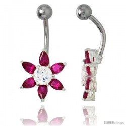 Sunflower Belly Button Ring with Ruby Red Cubic Zirconia on Sterling Silver Setting