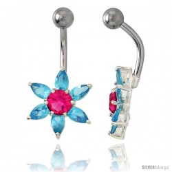 Sunflower Belly Button Ring with Blue Topaz Cubic Zirconia on Sterling Silver Setting -Style Ssc84