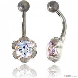 Flower Belly Button Ring with Clear Cubic Zirconia on Sterling Silver Setting -Style Ssc85