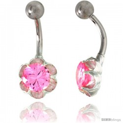 Flower Belly Button Ring with Pink Cubic Zirconia on Sterling Silver Setting -Style Ssc86