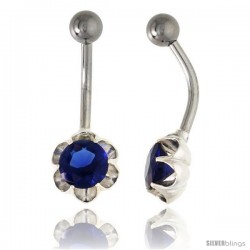Flower Belly Button Ring with Blue Sapphire Cubic Zirconia on Sterling Silver Setting -Style Ssc87