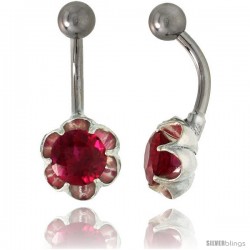 Flower Belly Button Ring with Ruby Red Cubic Zirconia on Sterling Silver Setting
