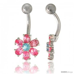 Flower Belly Button Ring with Pink Cubic Zirconia on Sterling Silver Setting -Style Ssc98