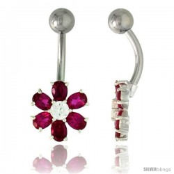 Flower Belly Button Ring with Ruby Red Cubic Zirconia on Sterling Silver Setting -Style Ssc99