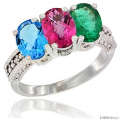 14K White Gold Natural Swiss Blue Topaz, Pink Topaz & Emerald Ring 3-Stone 7x5 mm Oval Diamond Accent