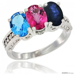 14K White Gold Natural Swiss Blue Topaz, Pink Topaz & Blue Sapphire Ring 3-Stone 7x5 mm Oval Diamond Accent