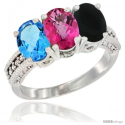 14K White Gold Natural Swiss Blue Topaz, Pink Topaz & Black Onyx Ring 3-Stone 7x5 mm Oval Diamond Accent