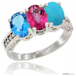 14K White Gold Natural Swiss Blue Topaz, Pink Topaz & Turquoise Ring 3-Stone 7x5 mm Oval Diamond Accent