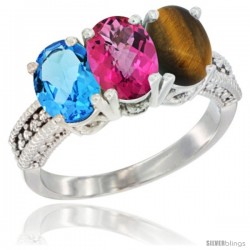 14K White Gold Natural Swiss Blue Topaz, Pink Topaz & Tiger Eye Ring 3-Stone 7x5 mm Oval Diamond Accent