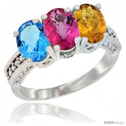 14K White Gold Natural Swiss Blue Topaz, Pink Topaz & Whisky Quartz Ring 3-Stone 7x5 mm Oval Diamond Accent