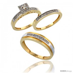 10k Gold 3-Piece Trio His (6mm) & Hers (2.5mm) Diamond Wedding Band Set, w/ 0.33 Carat Brilliant Cut Diamonds