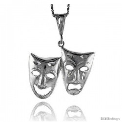 Sterling Silver Large Drama Mask Pendant, 1 in Tall