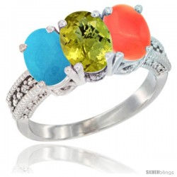 10K White Gold Natural Turquoise, Lemon Quartz & Coral Ring 3-Stone Oval 7x5 mm Diamond Accent