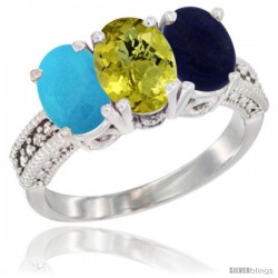 10K White Gold Natural Turquoise, Lemon Quartz & Lapis Ring 3-Stone Oval 7x5 mm Diamond Accent