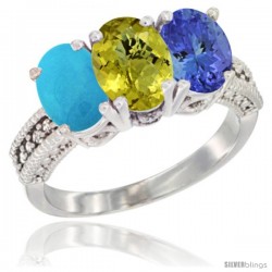 10K White Gold Natural Turquoise, Lemon Quartz & Tanzanite Ring 3-Stone Oval 7x5 mm Diamond Accent