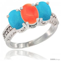 10K White Gold Natural Coral & Turquoise Ring 3-Stone Oval 7x5 mm Diamond Accent