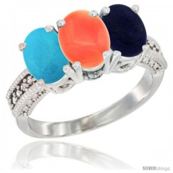 10K White Gold Natural Turquoise, Coral & Lapis Ring 3-Stone Oval 7x5 mm Diamond Accent